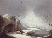 unknow artist A winter landscpae with travellers gathered aroubnd a fire in a grotto,overlooding a lake,a monastery beyond painting